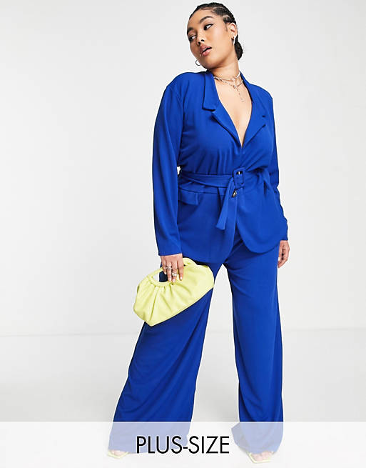 I Saw It First Plus wide leg belted pants in blue (part of a set)