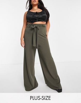 I Saw It First Plus wide leg belted trousers in khaki