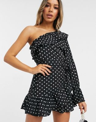 one shoulder polka dot dress