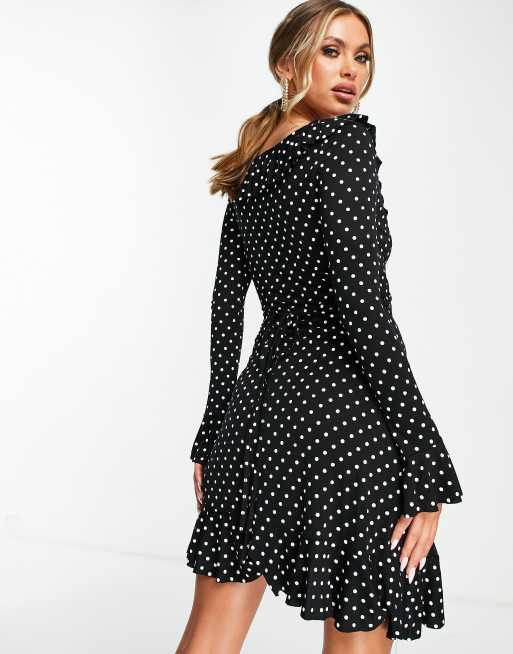 I Saw It First polka dot print ruffle hem mini dress in black, 3 of 4