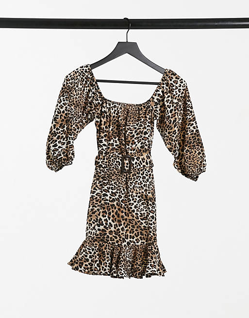 I Saw It First print bardot belted frill mini dress in leopard