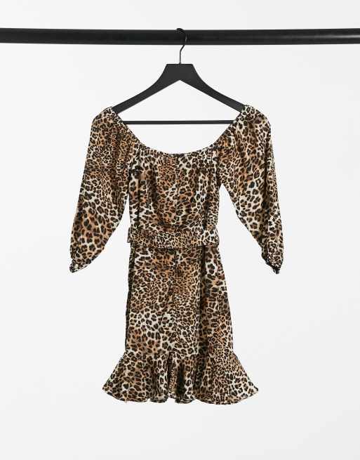I Saw It First print bardot belted frill mini dress in leopard, 2 of 4