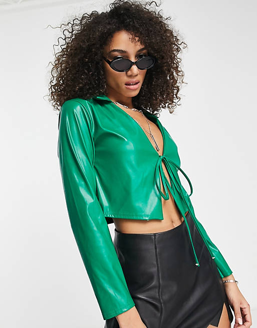  I Saw It First pu tie front shirt co ord in green 