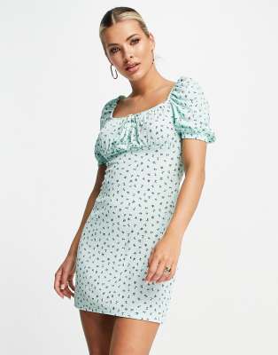 I Saw It First puff sleeve tie front tea dress in green ditsy print - ASOS Price Checker