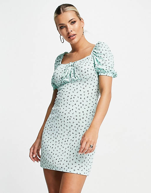 I Saw It First puff sleeve tie front tea dress in green ditsy print