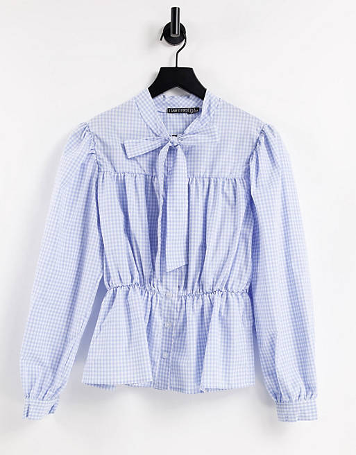 I Saw It First pussybow long sleeve blouse in blue gingham