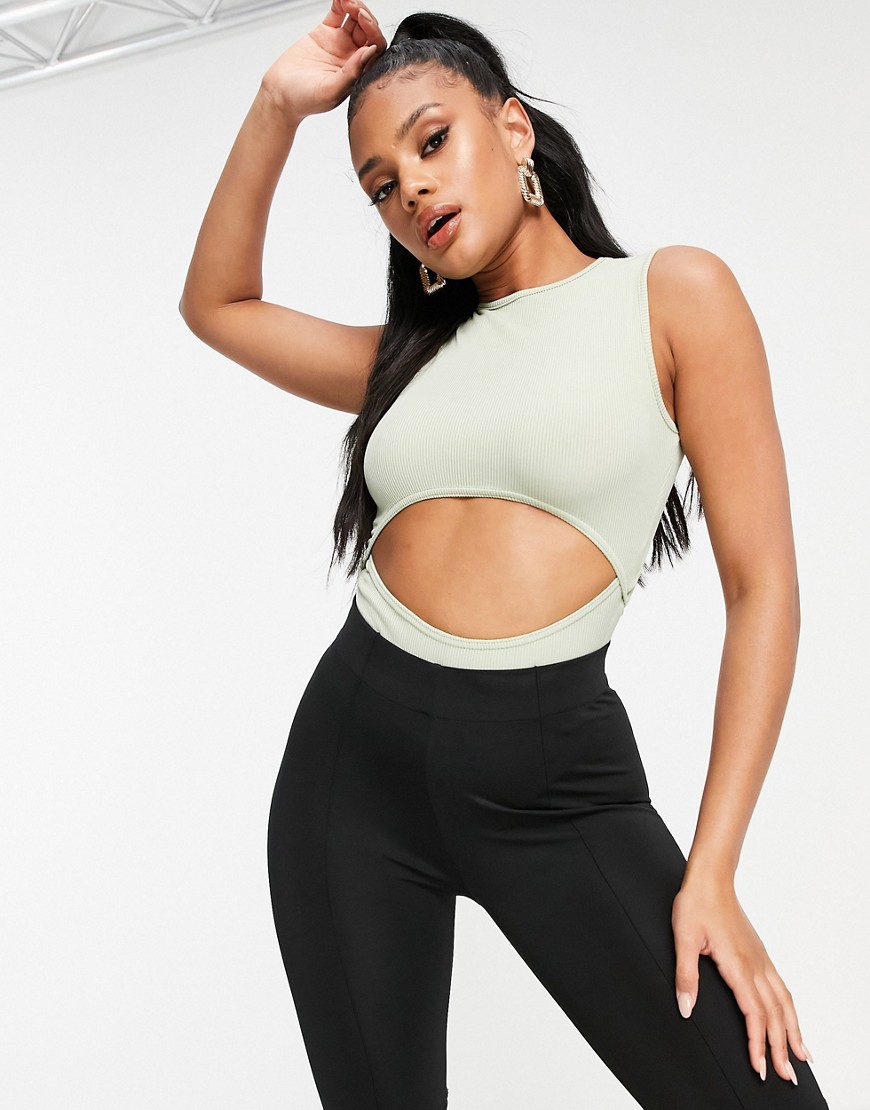 I Saw It First Ribbed Cutout Waist Bodysuit In Sage-green