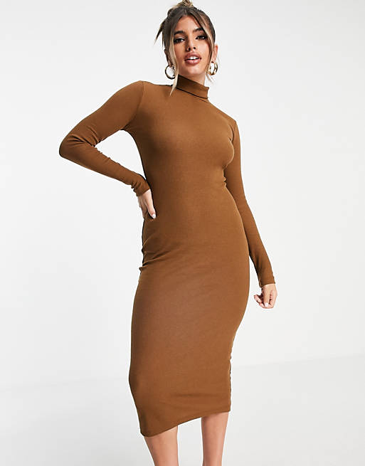 I Saw It First ribbed roll neck long sleeve midi dress in chocolate brown