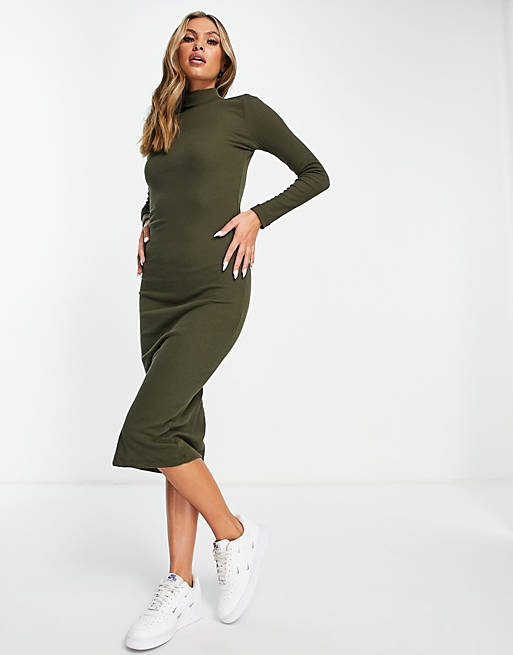 I Saw It First ribbed roll neck long sleeve midi dress in sage green