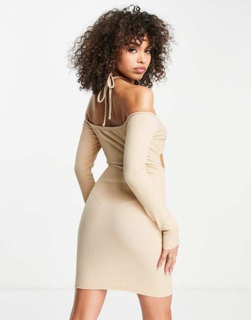 ribbed twist mini dress I Saw It First ribbed twist mini dress in stone