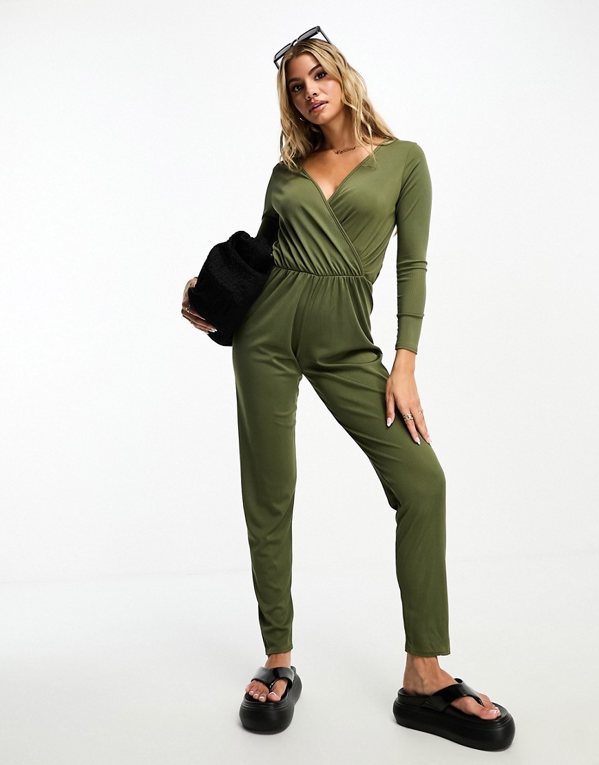 I Saw It First ribbed wrap front jumpsuit in khaki-Green