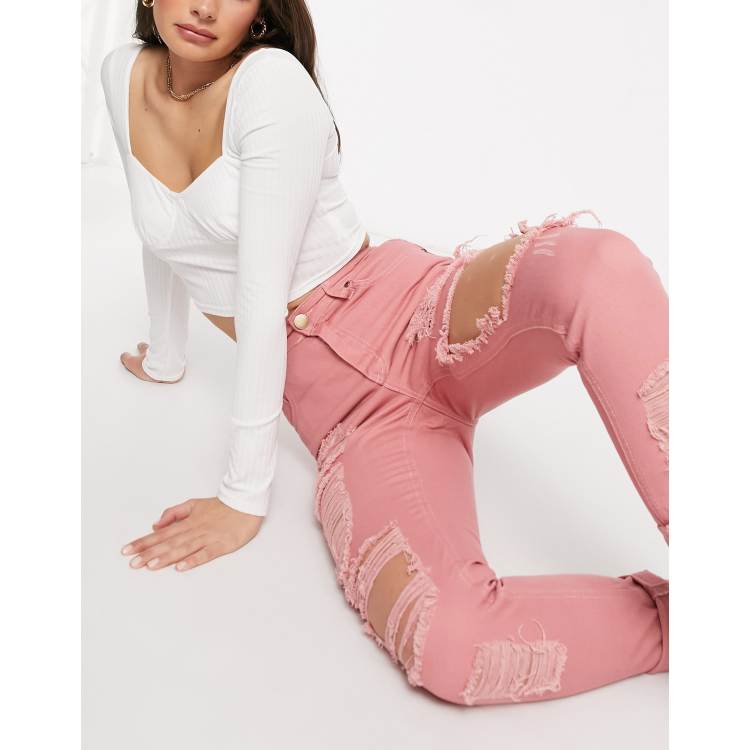 Pink ripped cheap jeans