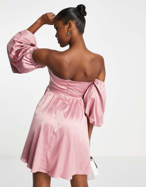 I Saw It First - Robe patineuse courte d'invitée à un mariage avec encolure Bardot en satin - Rose, 2 de 4