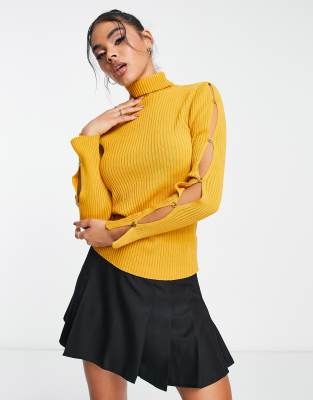 roll neck sweater with cut-out sleeves in mustard-Yellow