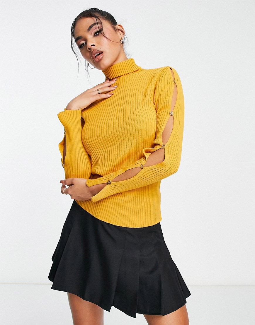 I Saw It First roll neck sweater with cut-out sleeves in mustard-Yellow