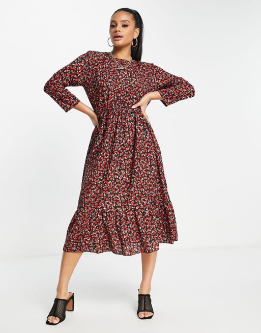 I Saw It First rose print frill hem smock midi dress in red | ASOS