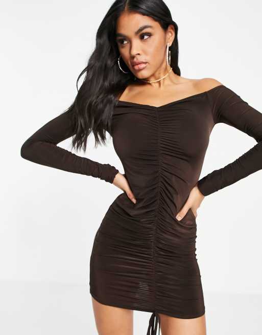 I Saw It First ruched bardot mini dress in brown