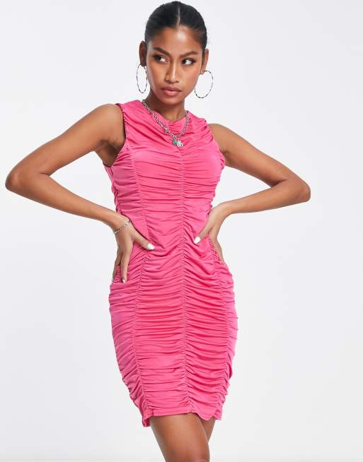 I Saw It First ruched bodycon midi dress in hot pink ASOS