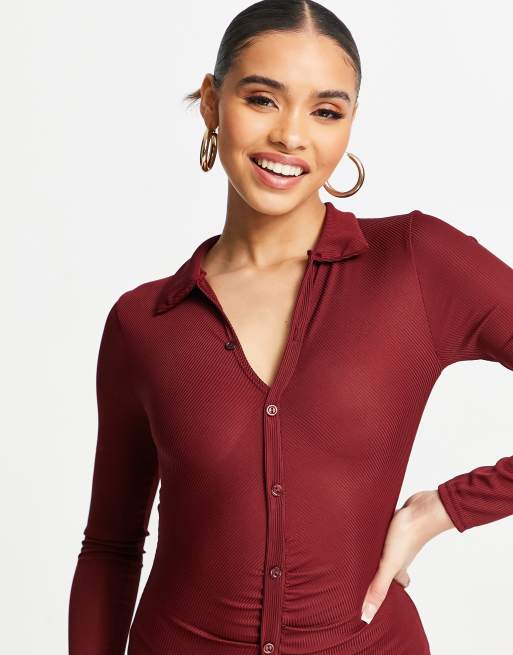 I Saw It First ruched front mini dress in burgandy, 2 of 4