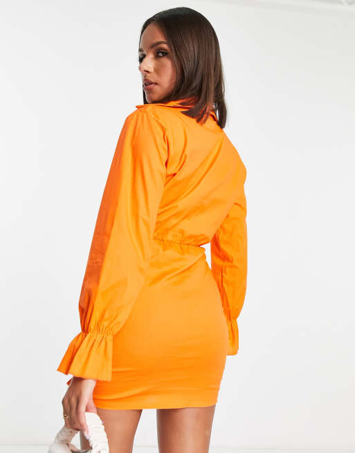 Orange Woven Ruched Detailing Shirt Dress