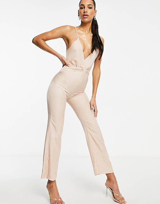 I Saw It First ruffle detail satin jumpsuit in beige