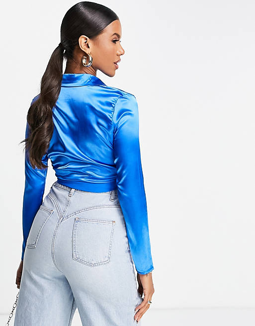 Women I Saw It First satin cropped shirt in blue 