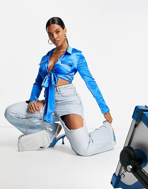 Women I Saw It First satin cropped shirt in blue 