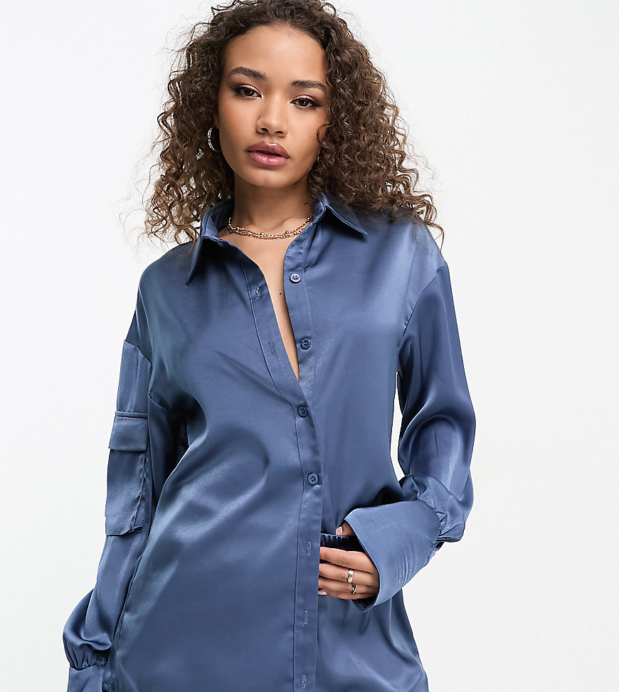 I Saw It First satin exclusive oversized utility shirt co-ord in petrol blue