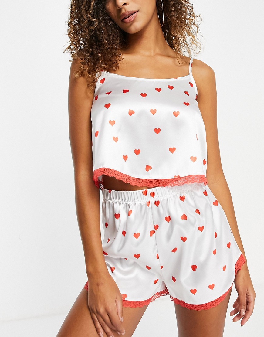 I Saw It First satin lace trim cami top and short pajama set in red heart print-Pink