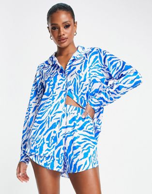 I Saw It First satin shirt in blue zebra (part of a set) - ASOS Price Checker