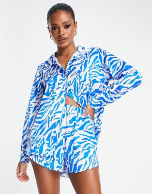 I Saw It First satin shirt co-ord in blue zebra