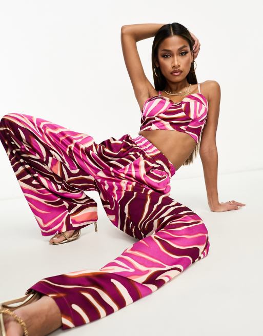 I Saw It First satin wide leg trousers co-ord in pink zebra