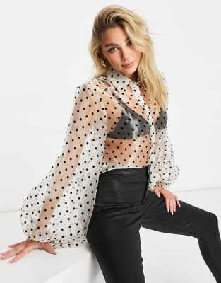 organza polka dot balloon sleeve blouse