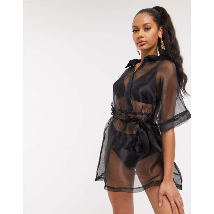 I Saw It First sheer organza shirt dress in black