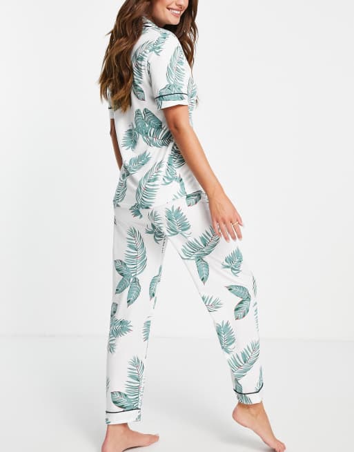 I Saw It First shirt and trouser pajama set in green leaf print