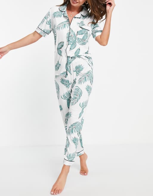 I Saw It First shirt and trouser pajama set in green leaf print