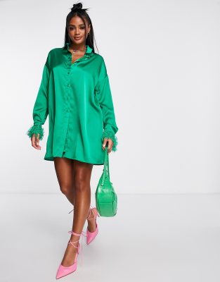 I Saw It First Shirt Dress With Faux Fur Trim In Green ModeSens