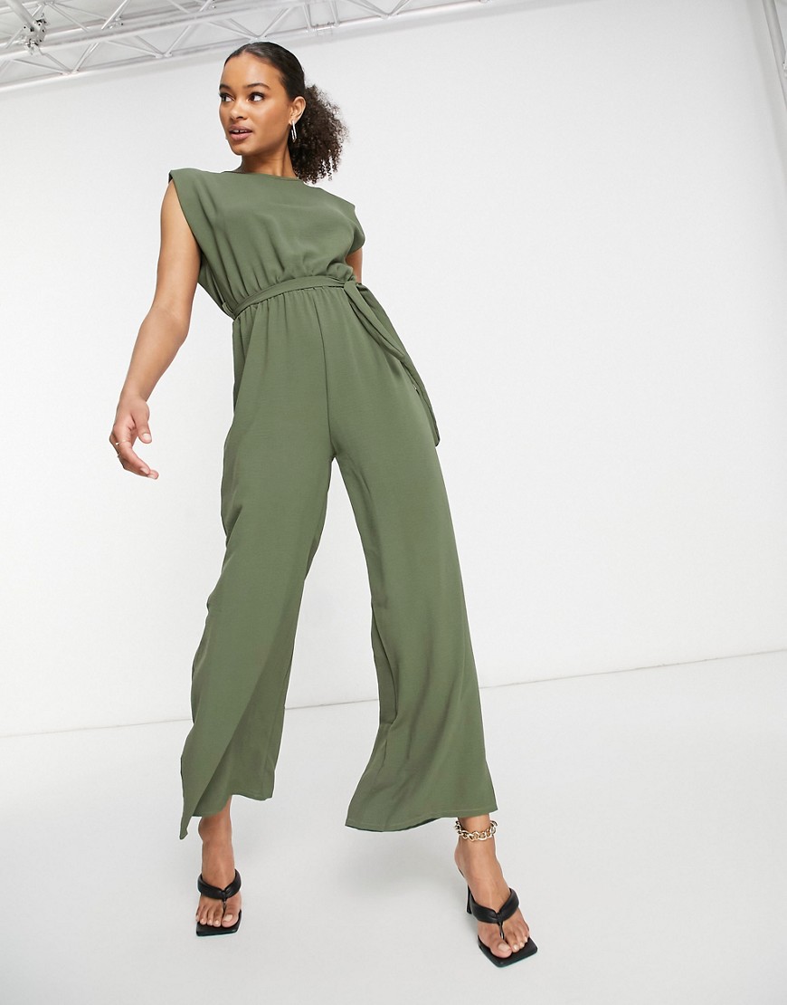 I Saw It First Shoulder Pad Jumpsuit In Khaki-green
