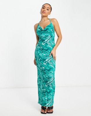 I Saw It First slinky swirl marble halterneck cowl neck maxi dress in green