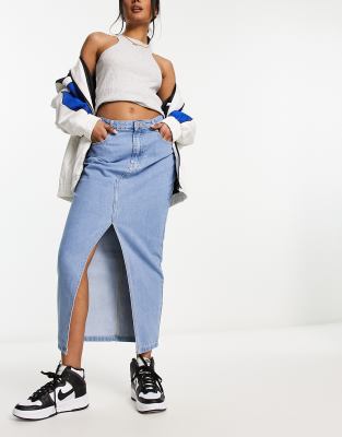 I Saw It First split front denim midi skirt in blue wash