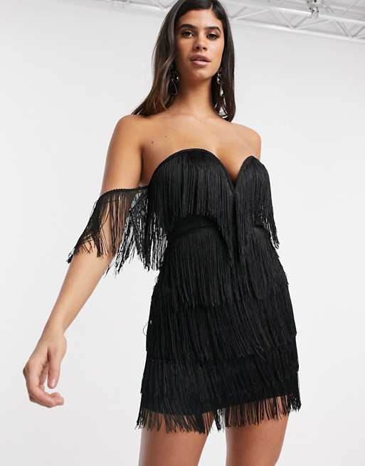 I Saw It First strapless plunge fringed dress