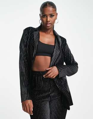 I Saw It First stripe velvet blazer co-ord in black