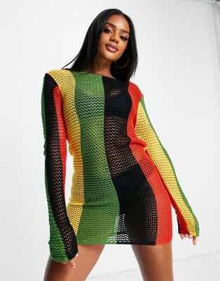 I Saw It First striped backless knitted mini festival dress in red, yellow, green and black