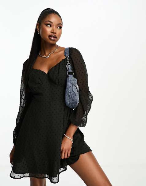 I Saw It First sweetheart neckline mini skater dress in black spot print