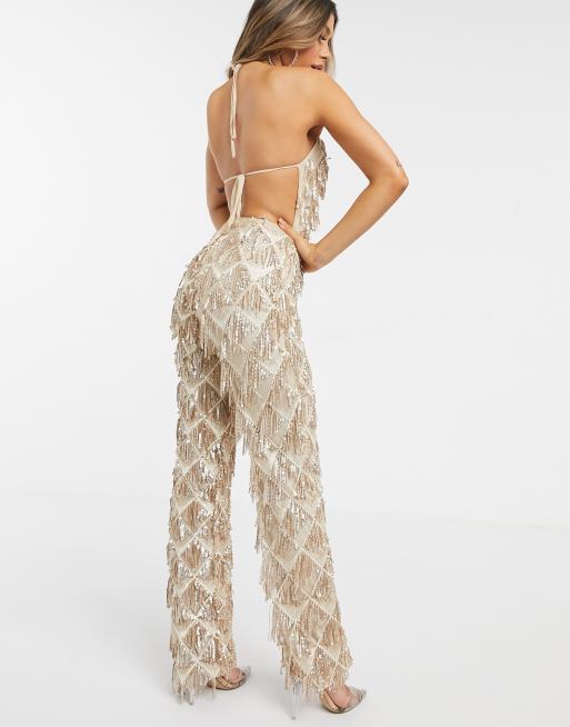 ASOS Backless Jumpsuit With High Neck And Tassle Back in White