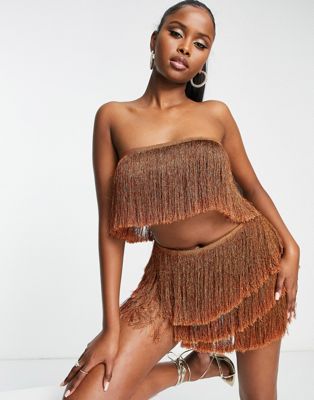 I Saw It First tassle bandeau top co-ord in brown