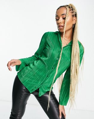 I Saw It First textured velvet plisse shirt co-ord in emerald green