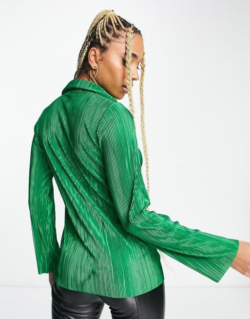 I Saw It First textured velvet plisse shirt co-ord in emerald green, 2 of 4