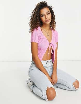 tie front cardigan pink