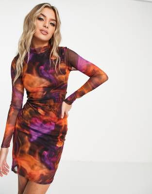 i saw it first tie side mini dress in abstract print-multi